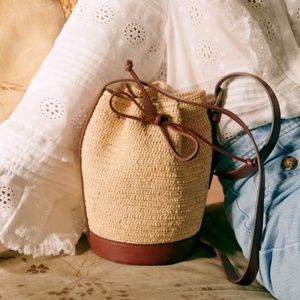 Sezane Mini Farrow Raffia Leather Bucket Bag